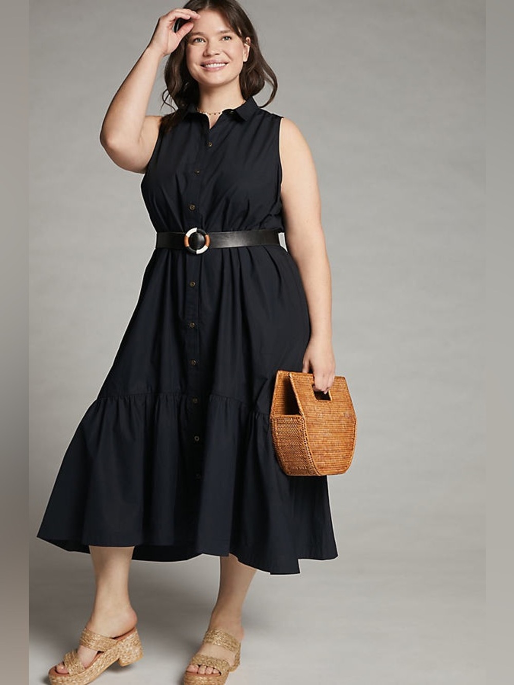 Anthropologie Maeve Paola Flounced Midi Dress Black Medium